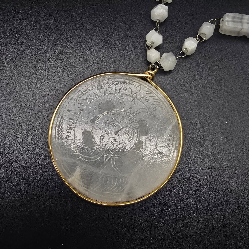 Aztec Mayan Sun Carved Calcite Necklace Vintage Costume Jewelry
